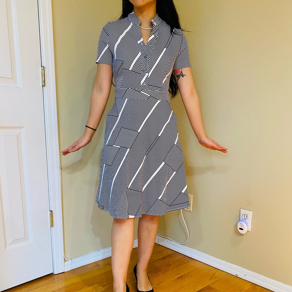 Maje Black and White Striped Midi Dress